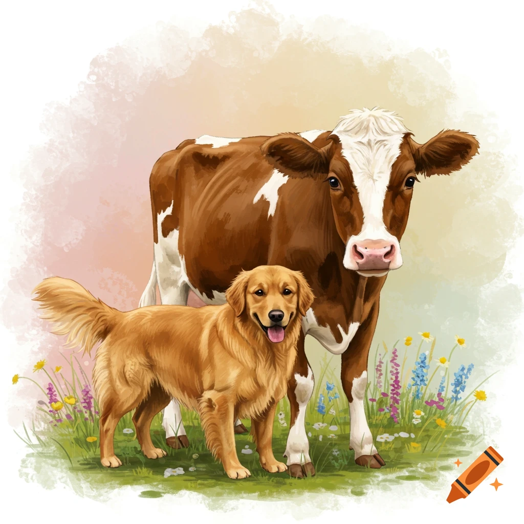 A golden retriever and a cow standing in a field of flowers.