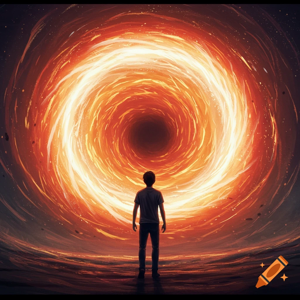 A person stands before a large, glowing orange and yellow vortex.