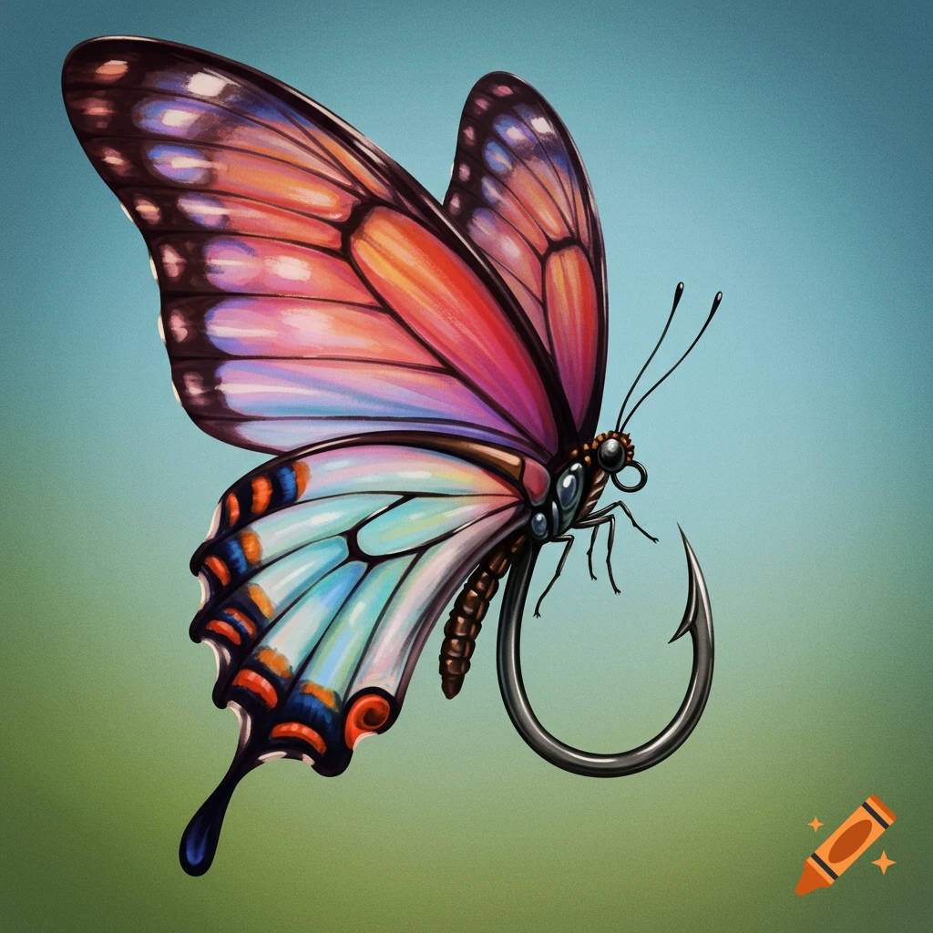 A butterfly with a fish hook as its body.