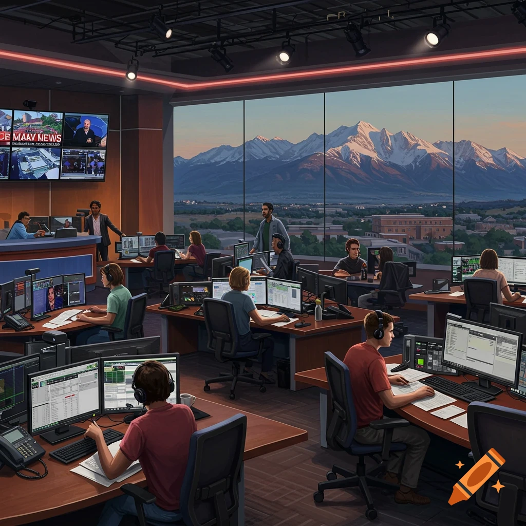 A busy TV newsroom scene with many people working at computers. A large window overlooks a mountain range in the background.