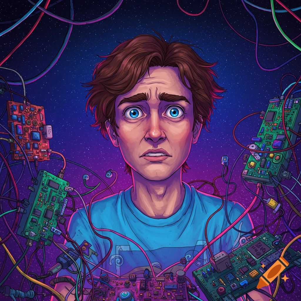 A confused person is surrounded by wires and circuit boards.