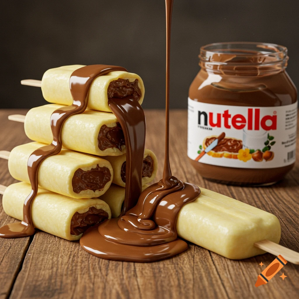 Hyper-realistic image of Nutella-filled popsicles on wood, with Nutella pouring over them and a Nutella jar nearby.