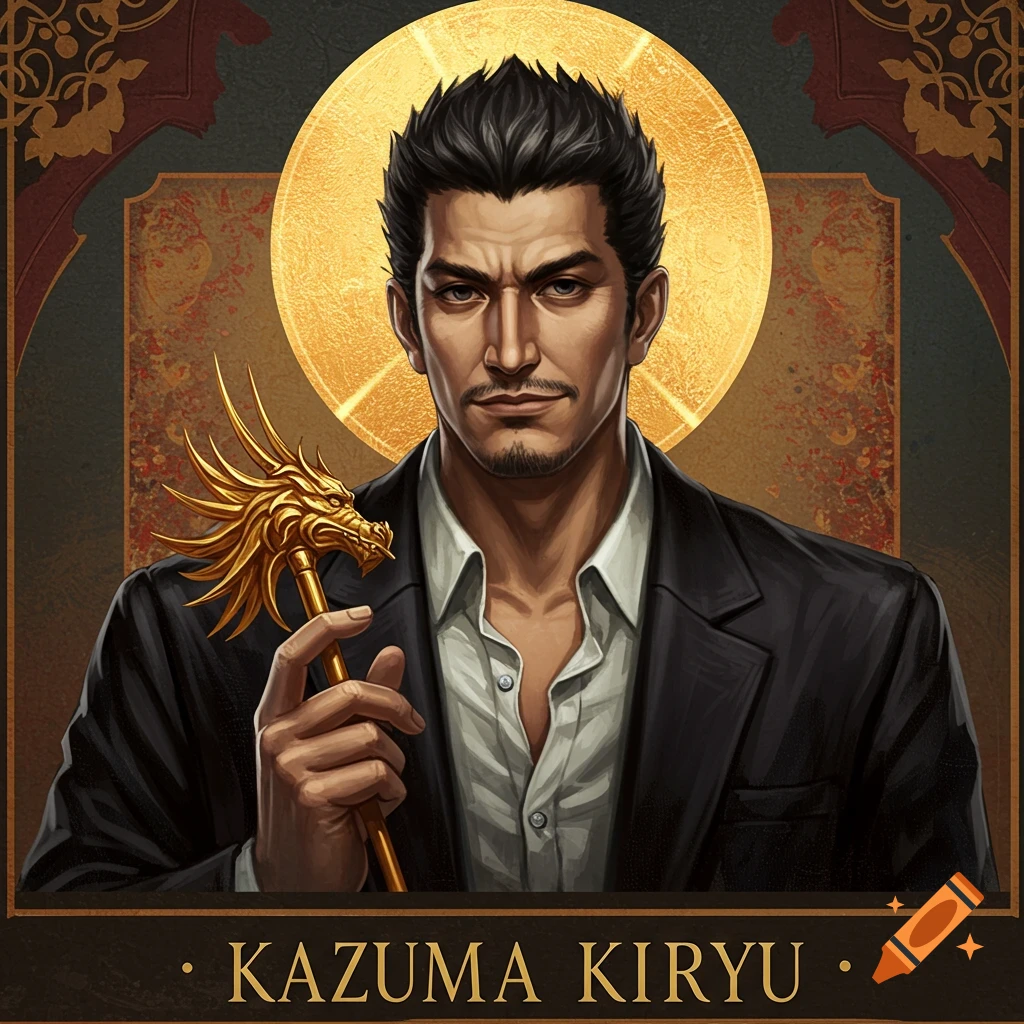 A man styled as a religious icon, holding a golden staff.