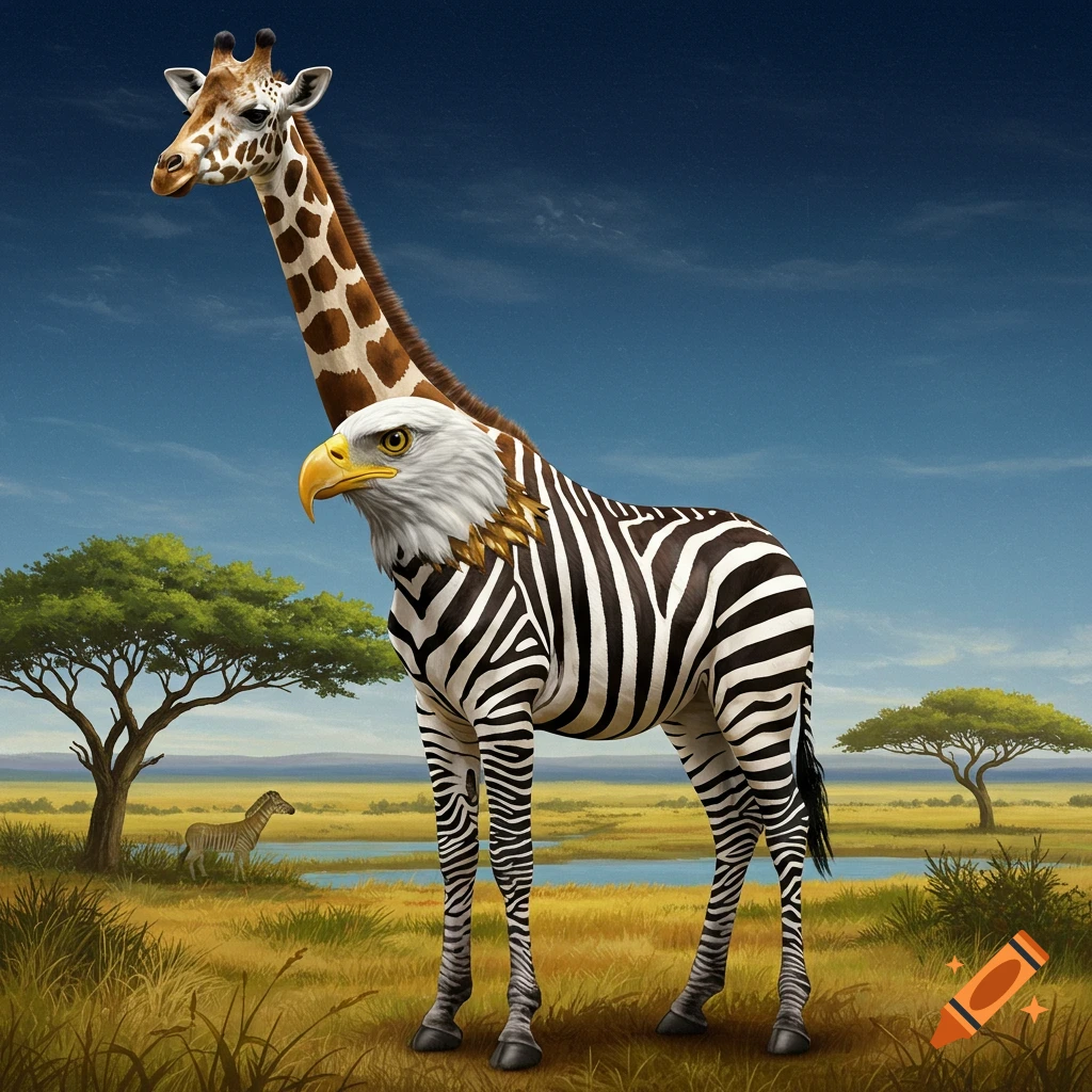 A giraffe-zebra-eagle hybrid creature is in a savanna