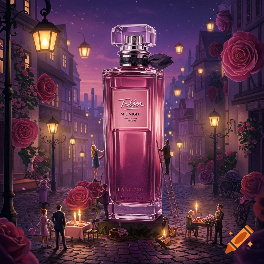 Giant perfume bottle monument in a magical city street with tiny people, roses, and lanterns.