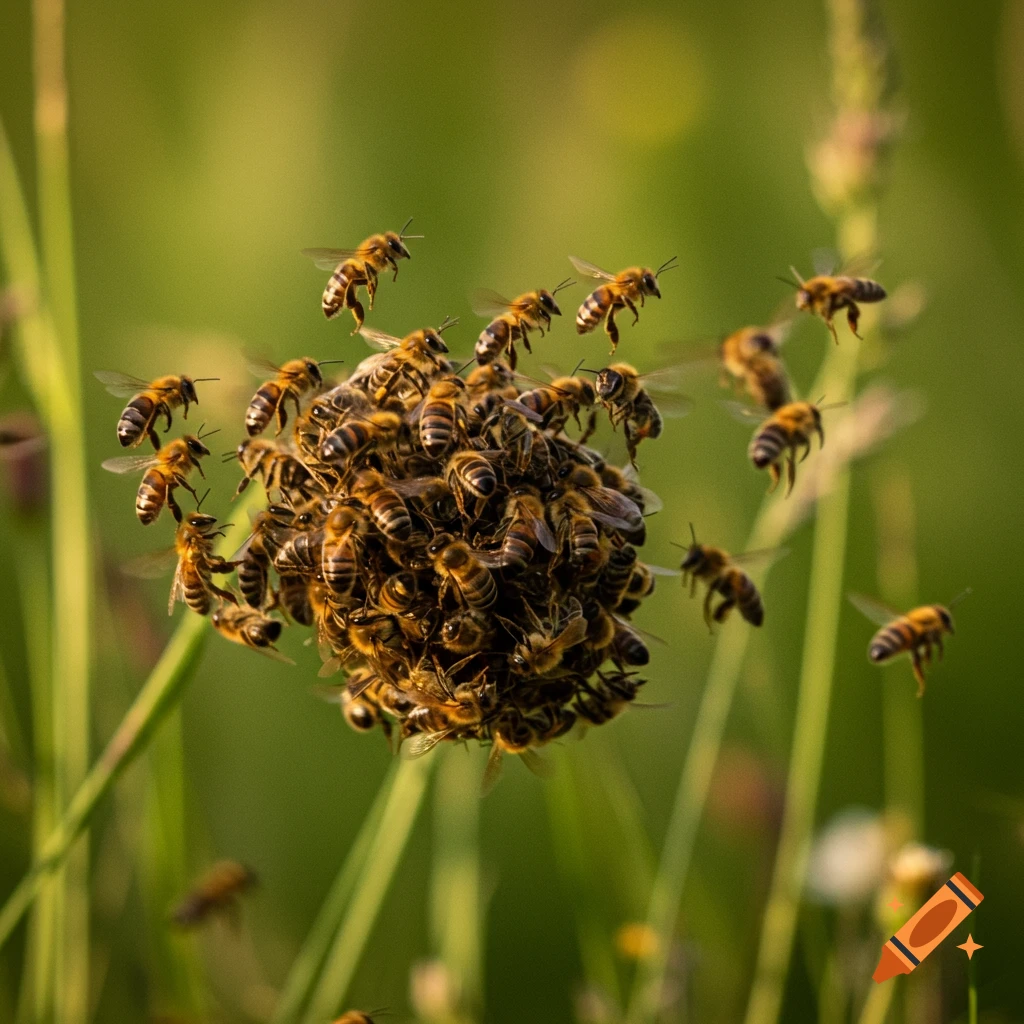 A cluster of honeybees on a plant stem with bees flying around in a photorealistic style.