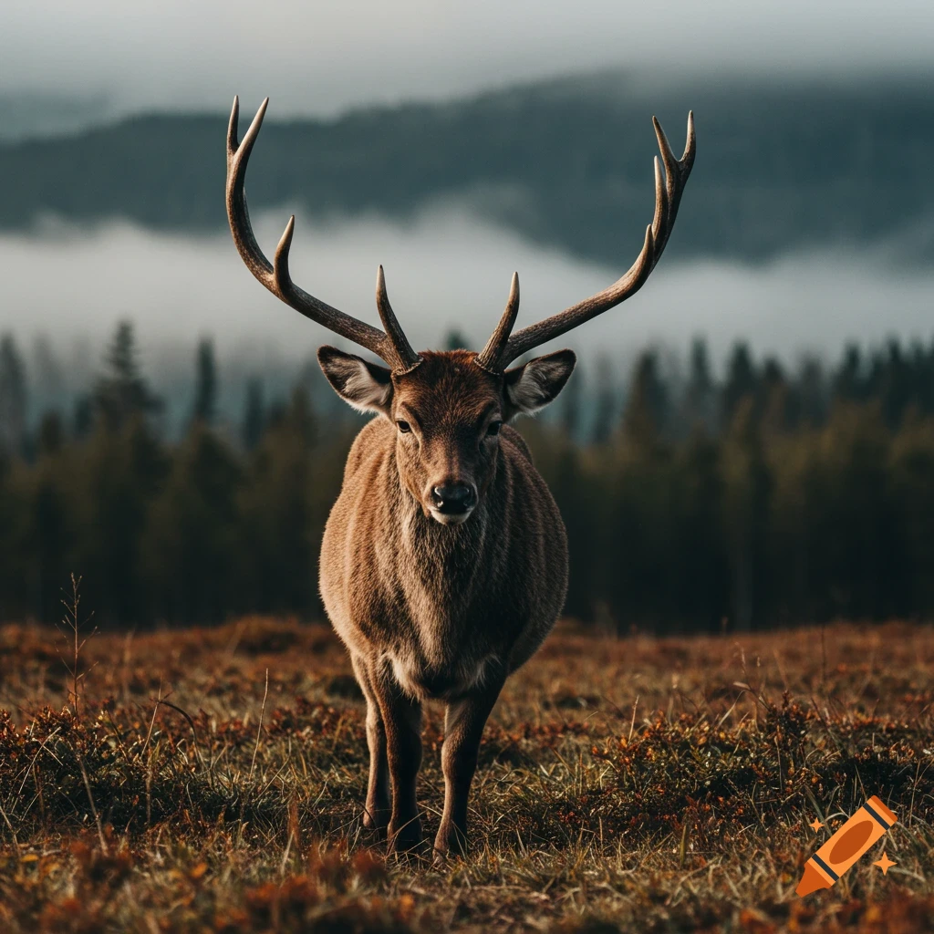 A deer with large antlers stands in a field with misty mountains and forest behind it, photorealistic style.