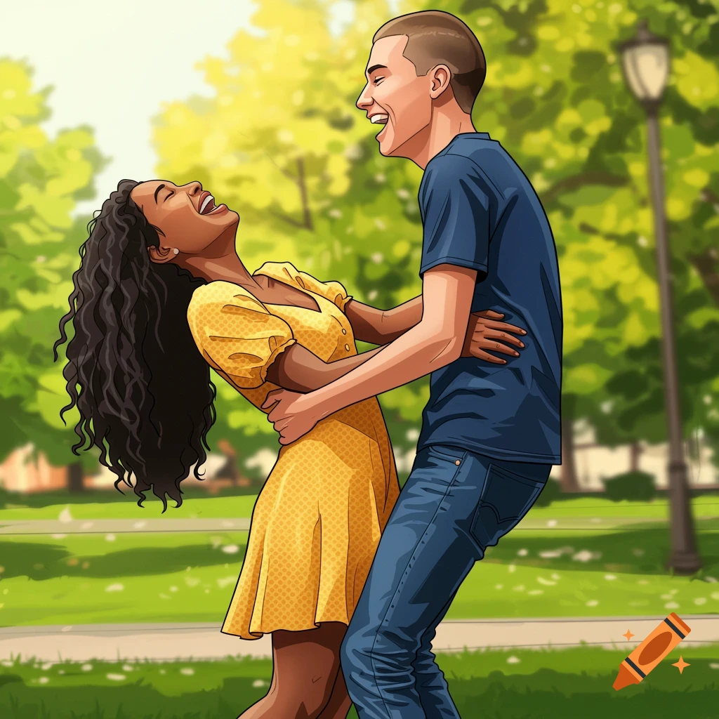 Two friends, a woman in a yellow dress and a man in a blue shirt, laugh and embrace in a cartoon style in a park.