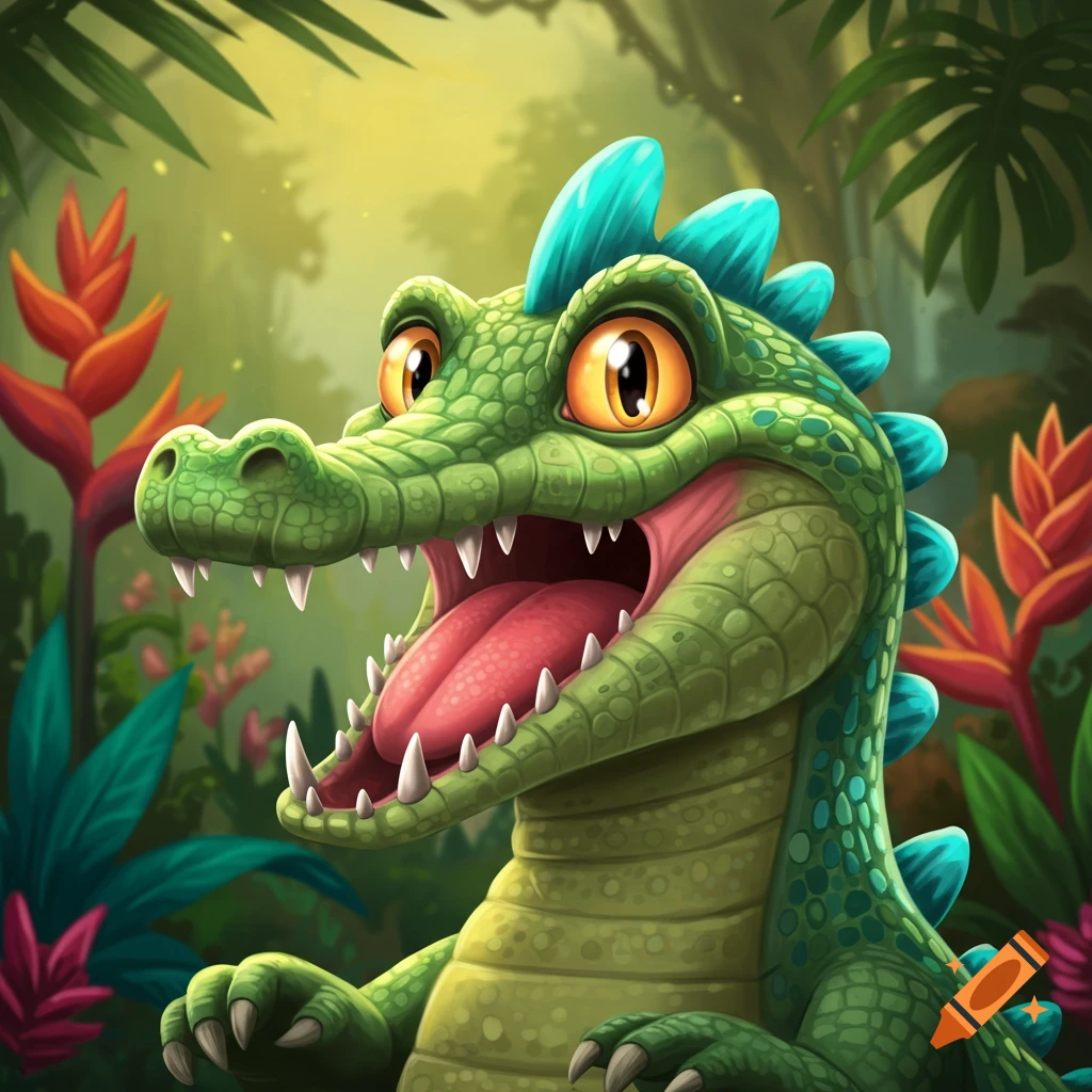 Cartoon crocodile with blue crest and open mouth in a jungle