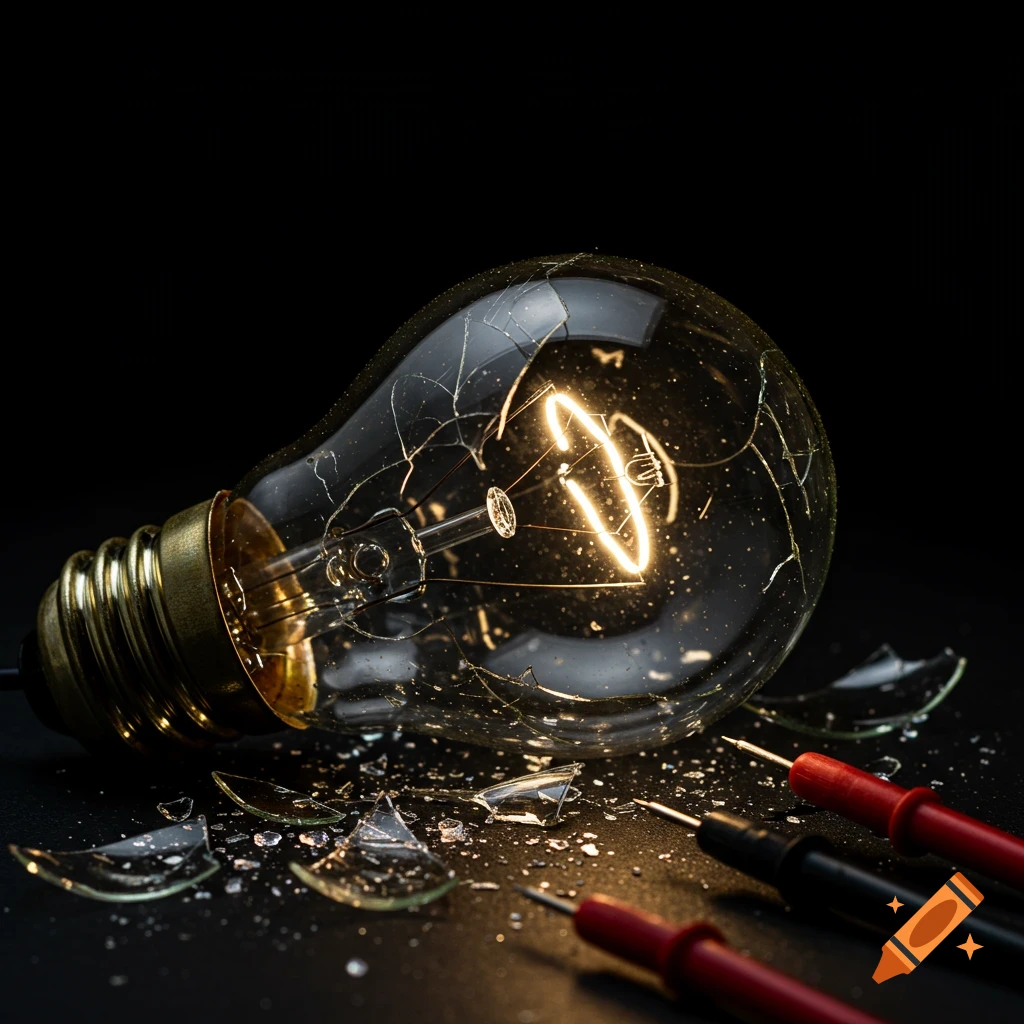 Close-up of a broken light bulb with glowing filaments, scattered glass, and electrical test leads on a dark surface.