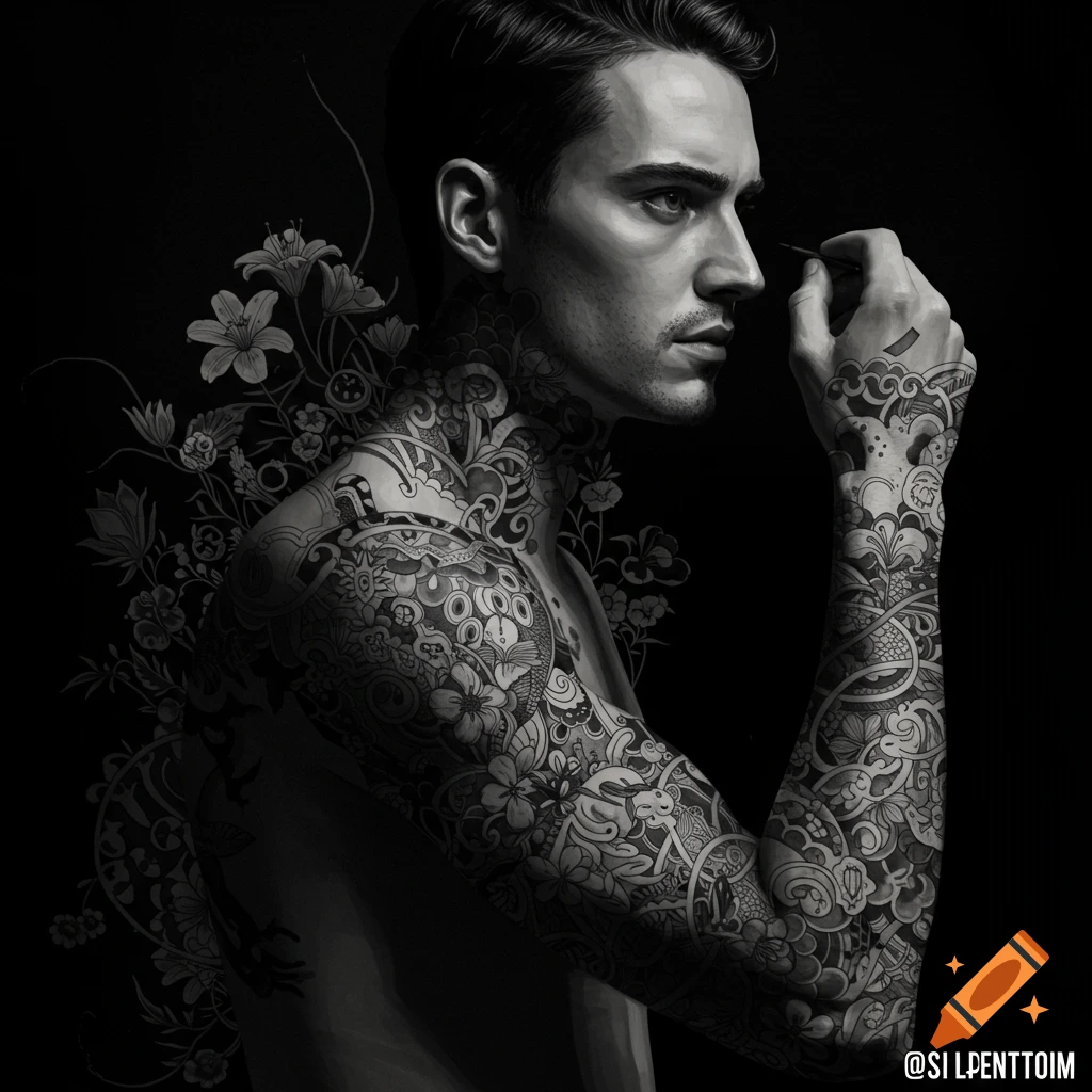 A black and white image of a man with extensive black ink tattoos on his arm and neck, with floral elements around him.