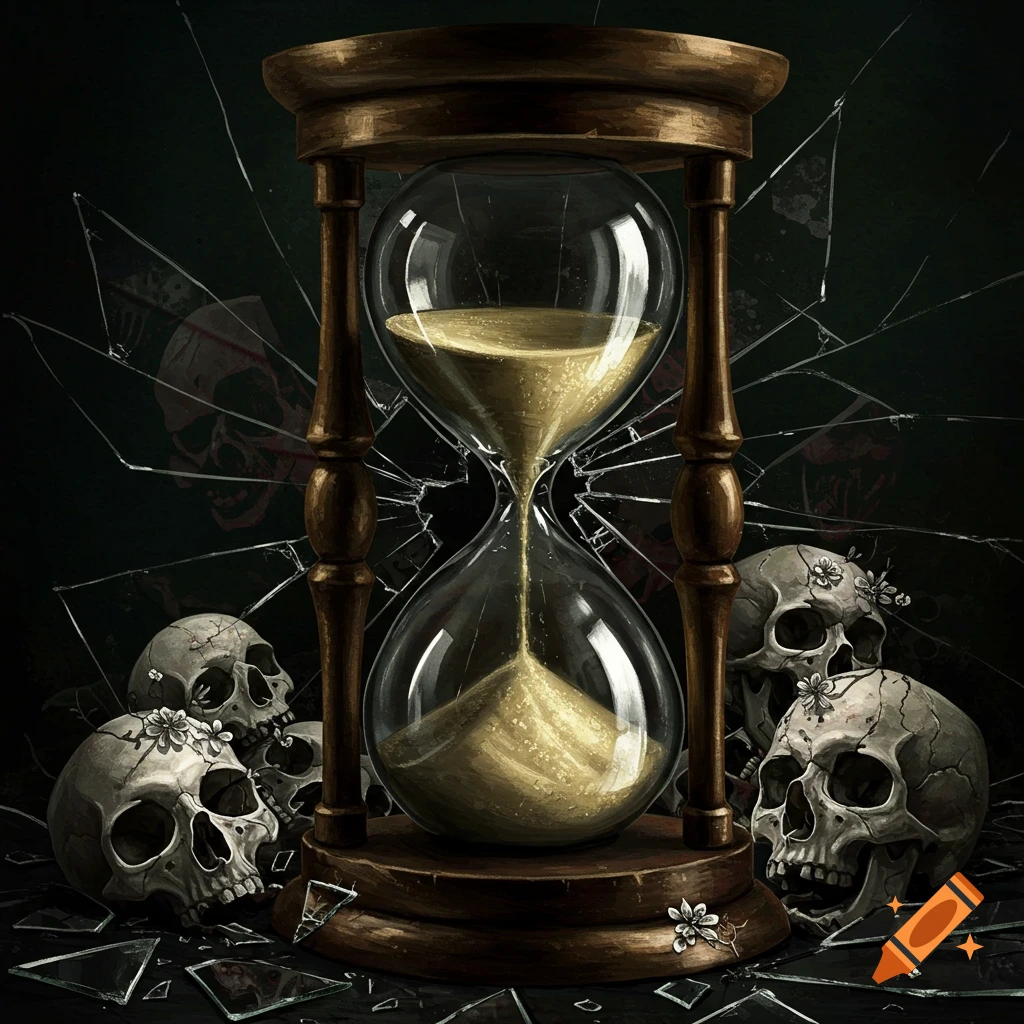 An hourglass surrounded by skulls and broken glass on a dark background.