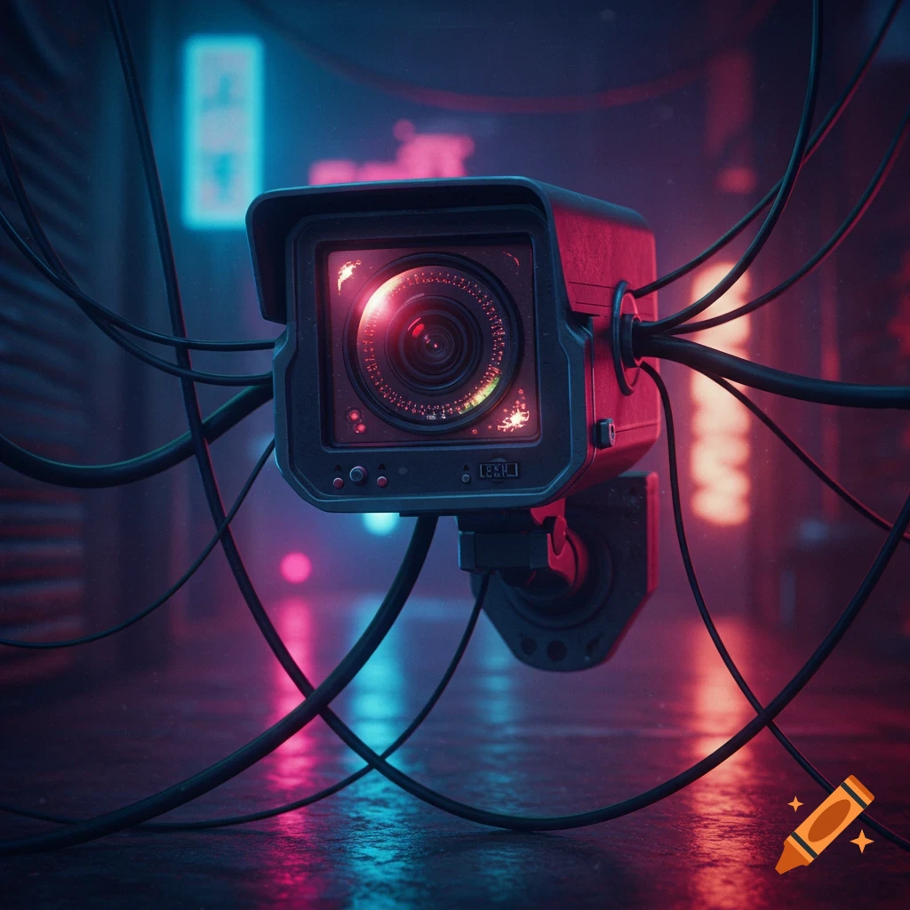 A security camera in a cyberpunk street with neon lights and wires.