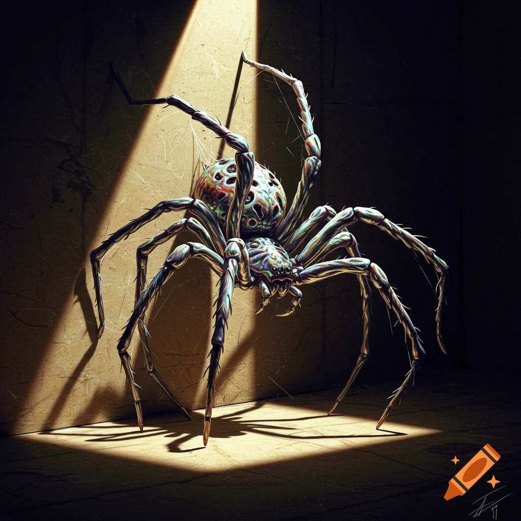 Stylized spider in a dark corner illuminated by light.