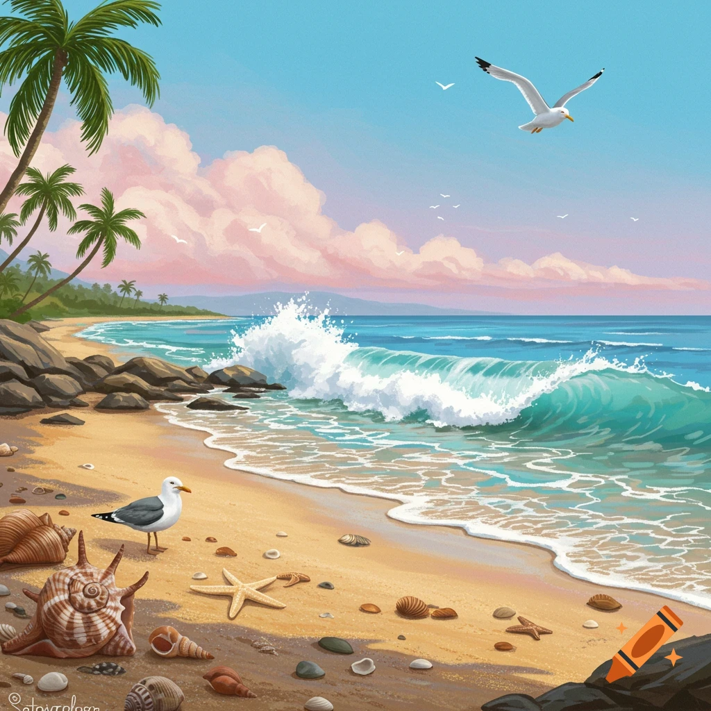 Vibrant painting of children on a beach, a girl kneels to