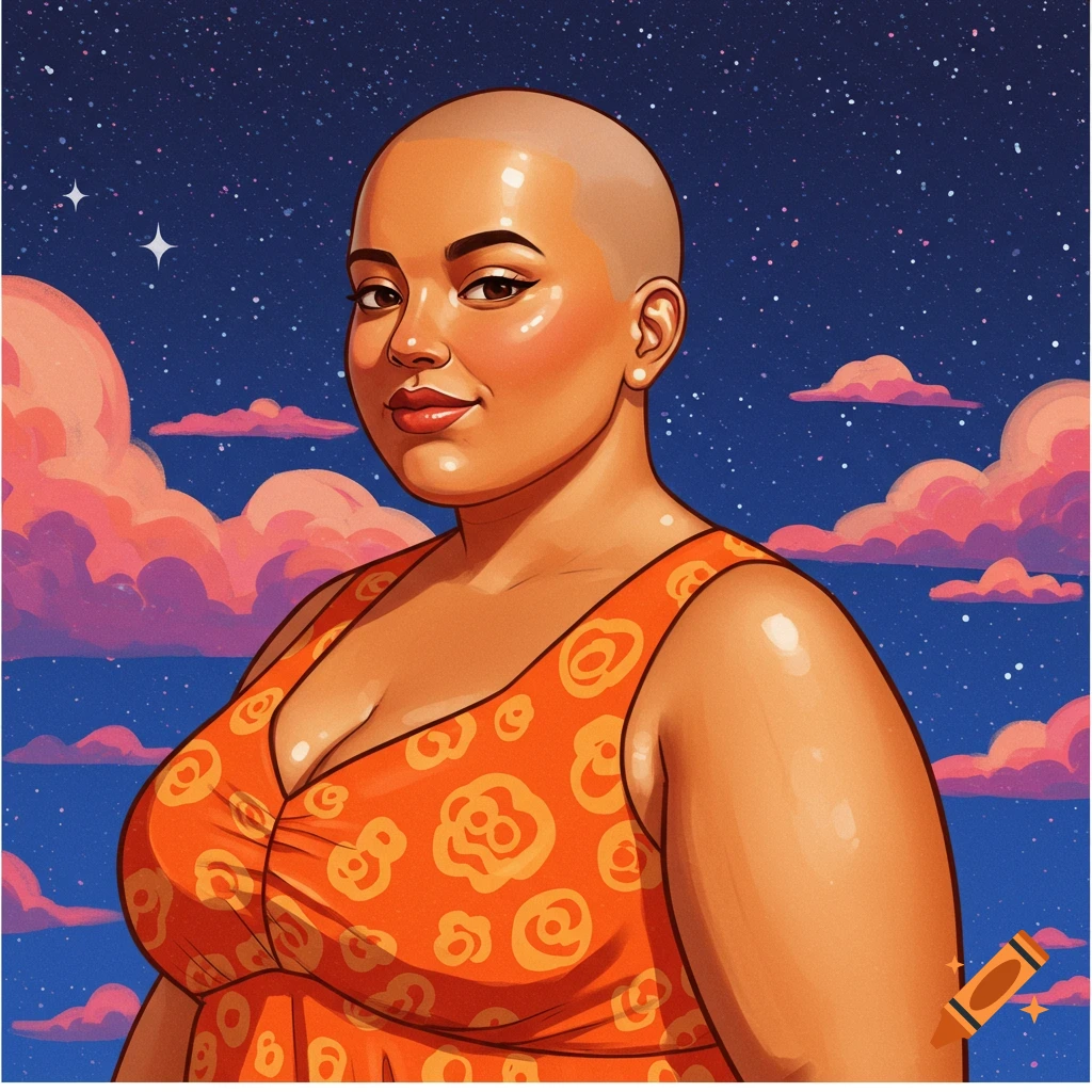 Portrait of a bald woman in an orange dress against a starry sky with pink clouds.