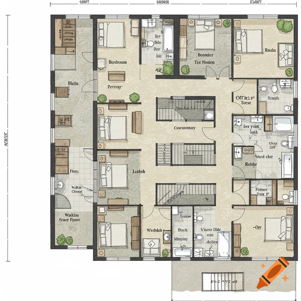 Hand-drawn blueprint illustration of a large building floor plan with multiple rooms, hallways, stairs, and furniture.