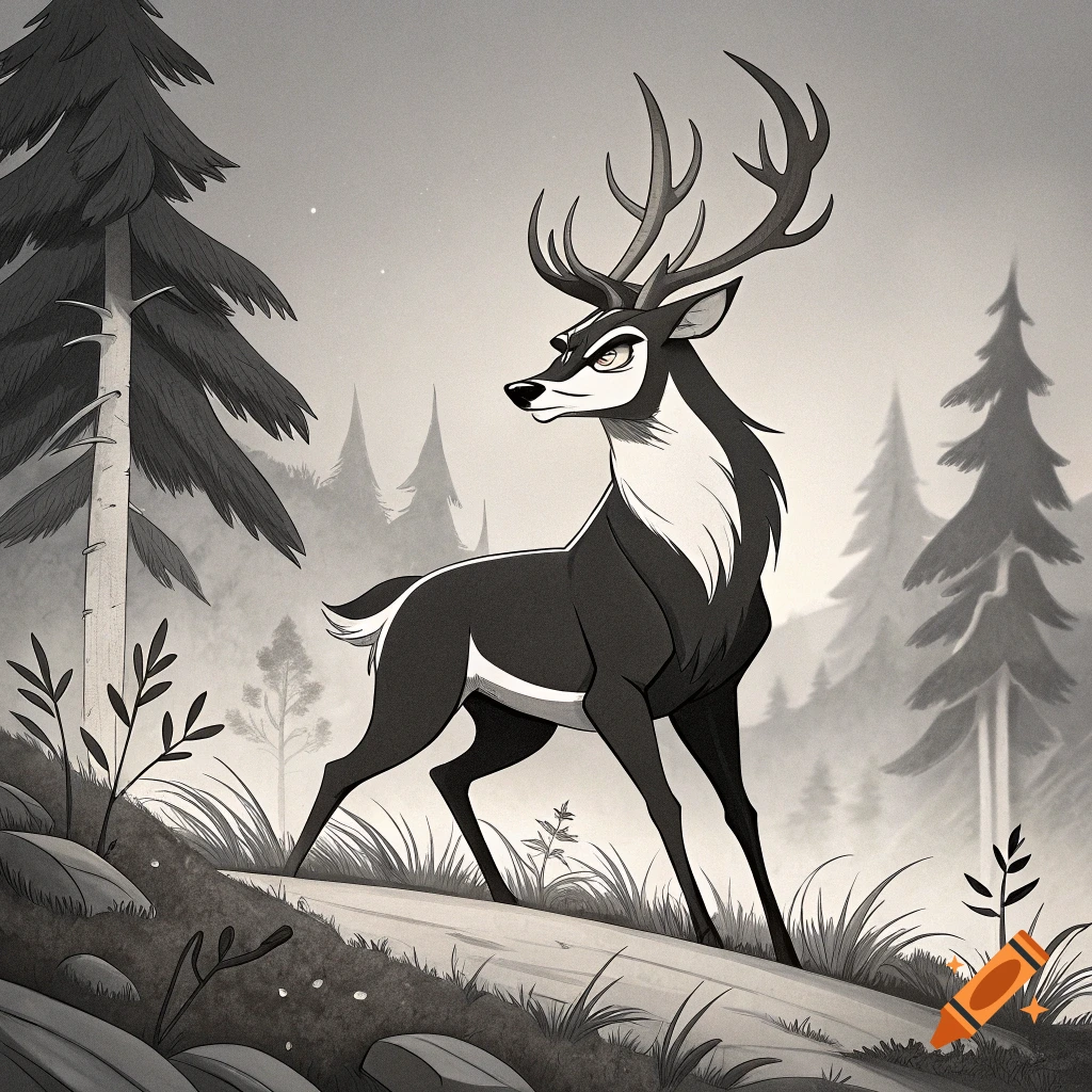Black and white cartoon deer with intense expression in a forest.