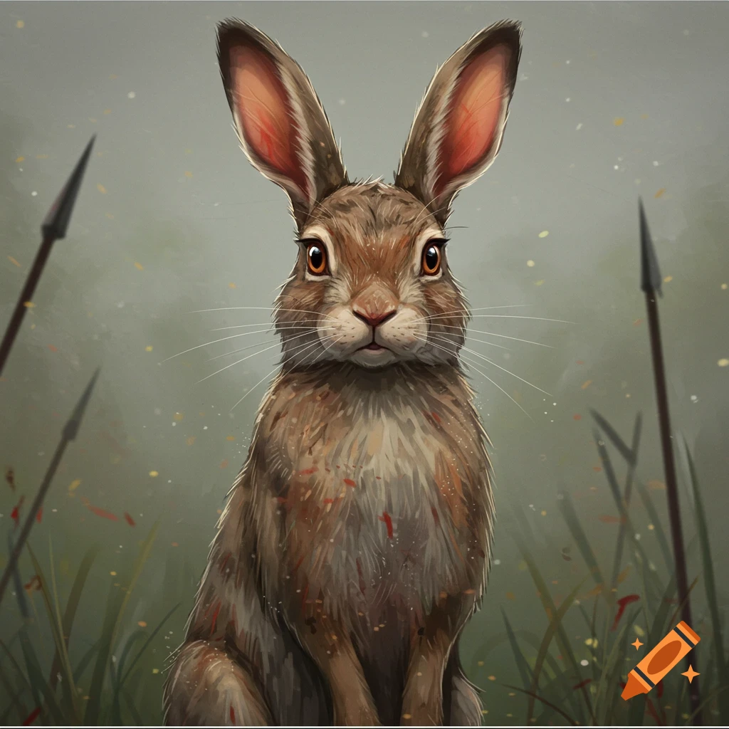 A rabbit sitting with spears in the background.