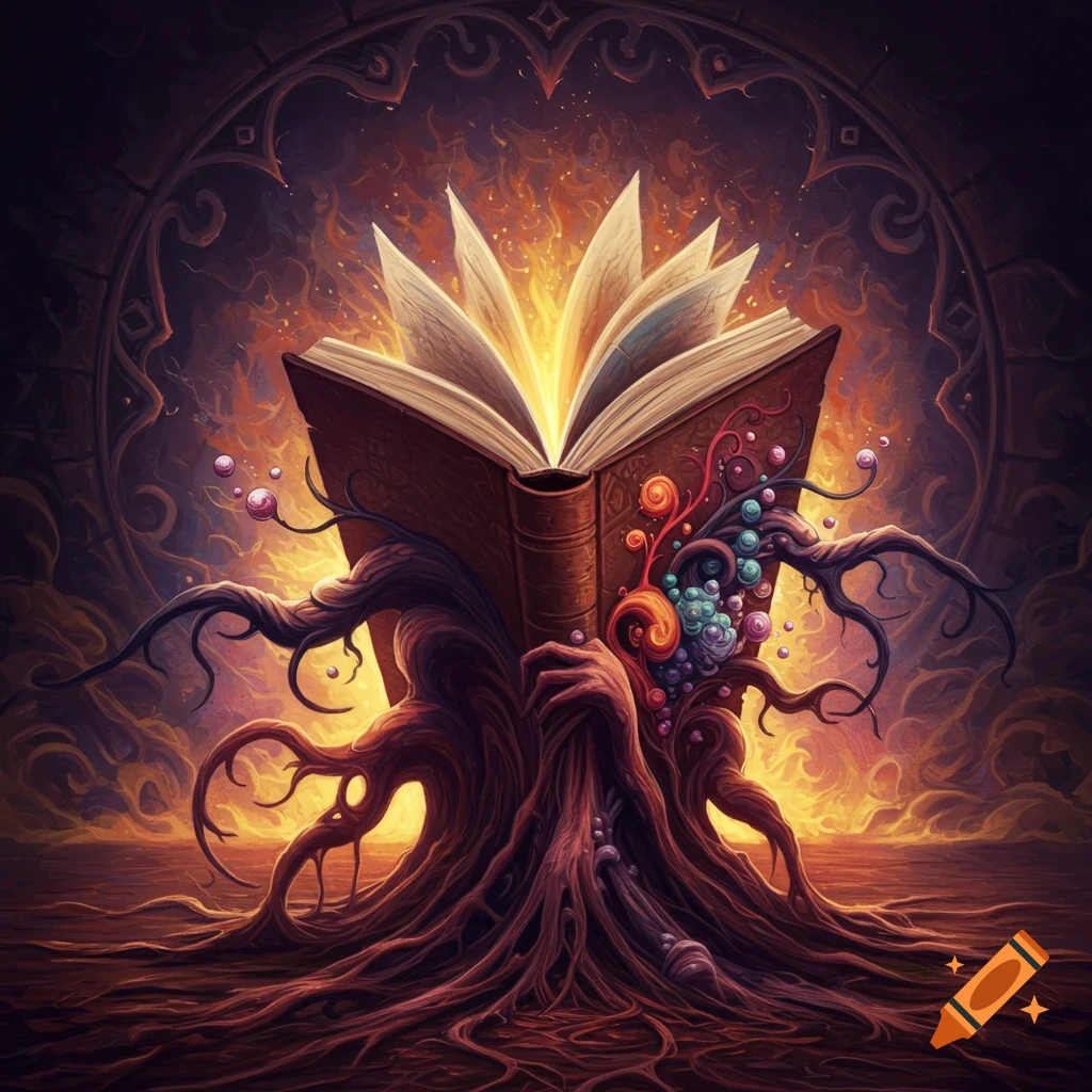 A fantasy book with glowing pages on a base of roots and hands, surrounded by fire and magic.