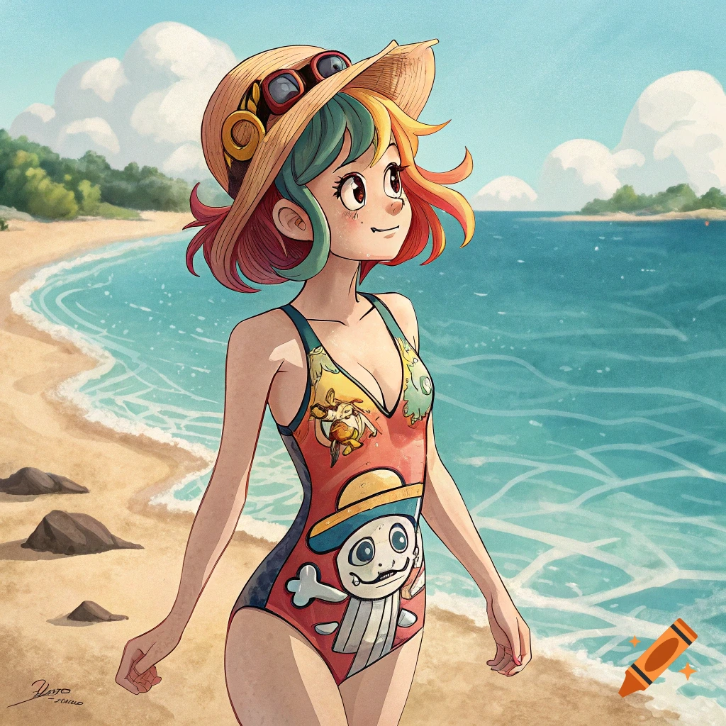Anime girl in a swimsuit on a beach.