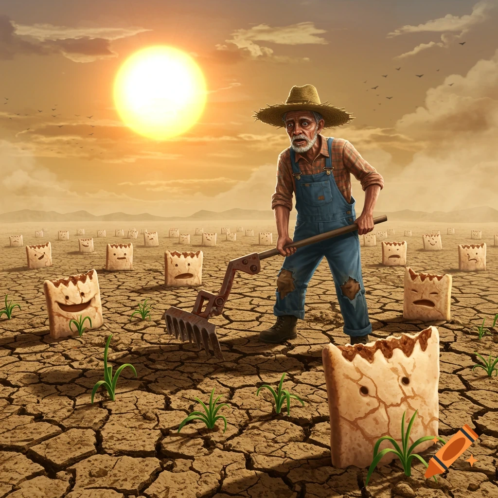 A farmer rakes dry cracked earth under a bright sun, surrounded by anthropomorphic pop-tarts in a drought.