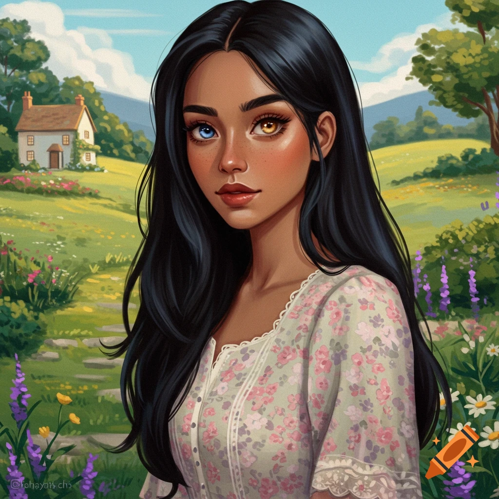 A young woman with heterochromia eyes and long dark hair in a floral dress standing in a flowery field with a cottage.