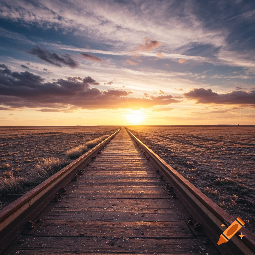 A train track extends into the distance towards a vibrant sunset over a flat field.