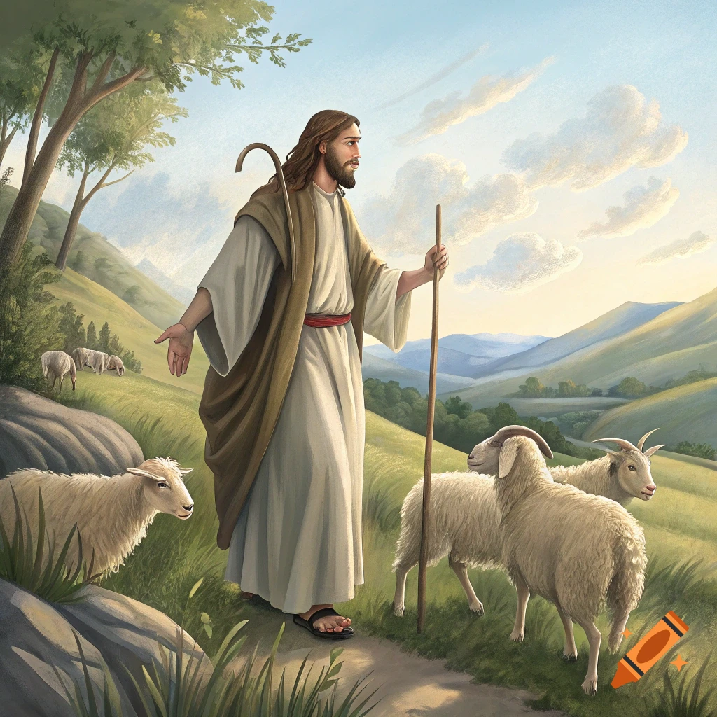 An illustration of Jesus standing as a shepherd among sheep and goats in a hilly landscape.