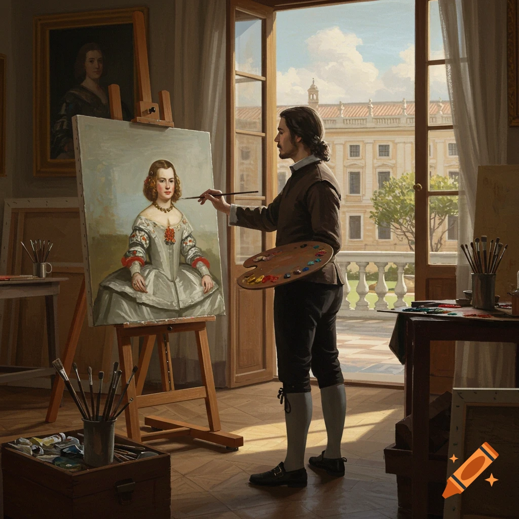 Classical painting of an artist in a studio painting a portrait with a view outdoors