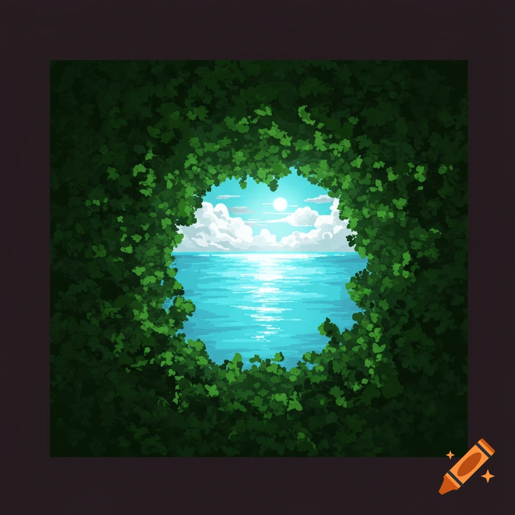 View of the ocean and sky framed by green leaves.