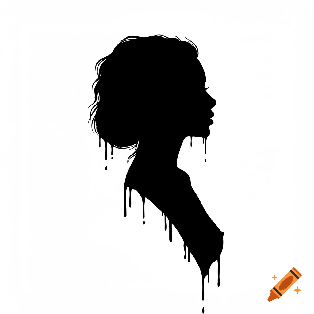 Minimalist silhouette of a woman's profile with dripping black ink edges on a white background.
