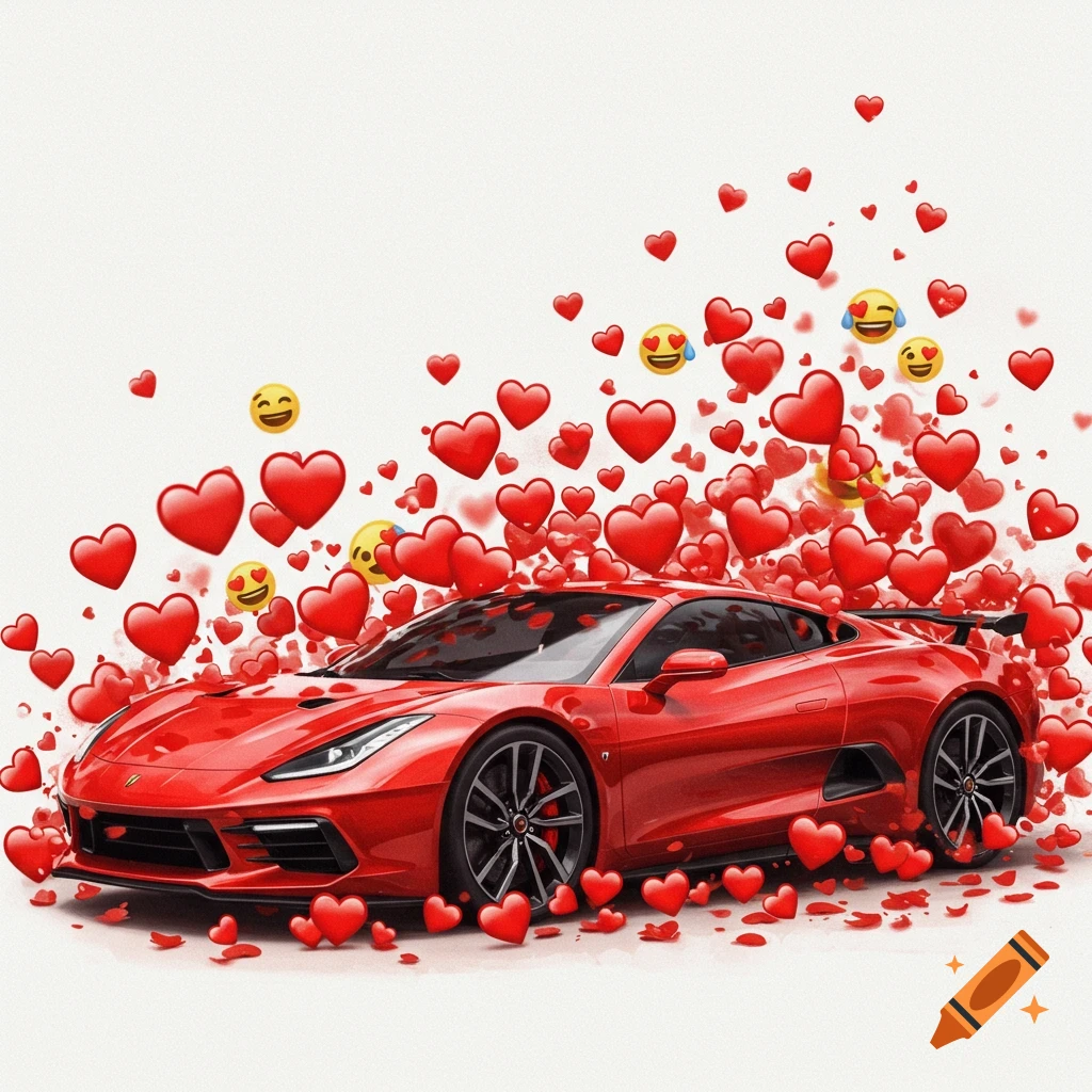 A red sports car surrounded by red heart emojis and yellow emojis with heart eyes.