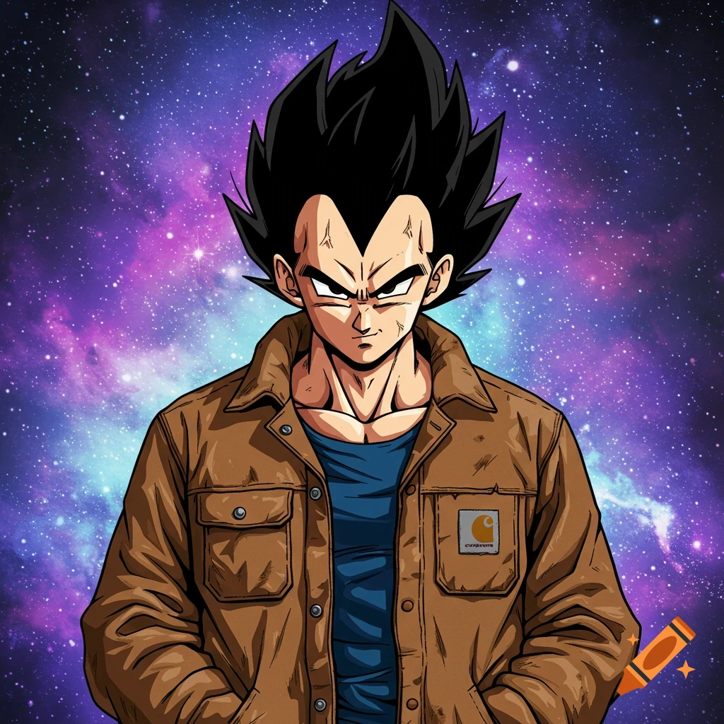 Painting of Vegeta in a brown Carhartt jacket against a galaxy background