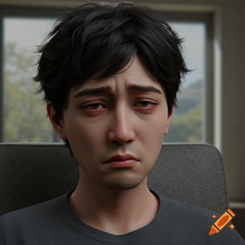 A close-up 3D render of a person with red eyes, looking tired and sad.