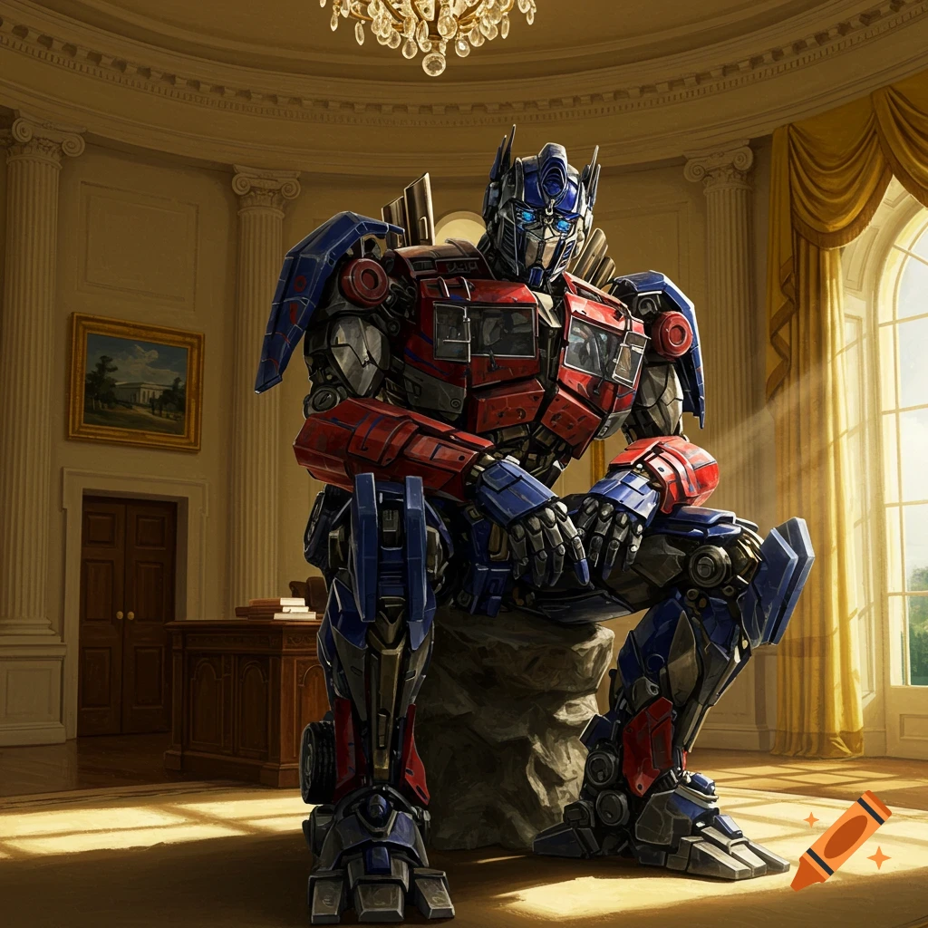 Optimus Prime doing the Thinker pose in an ornate room resembling the White House.