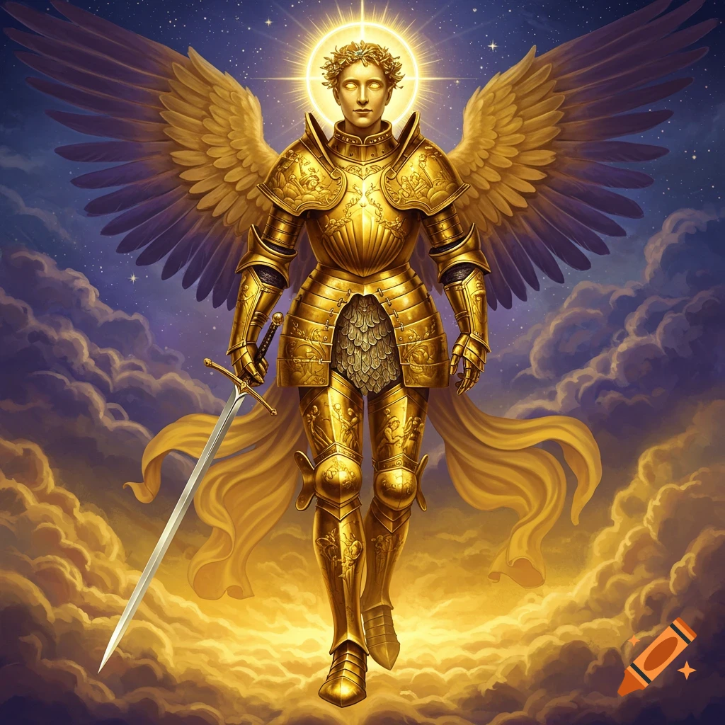 A golden angelic knight in ornate armor holds a sword, standing among clouds with a starry sky above.