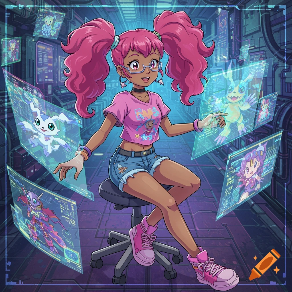 Anime girl with pink pigtails and glasses interacts with holographic Digimon screens in a digital world.