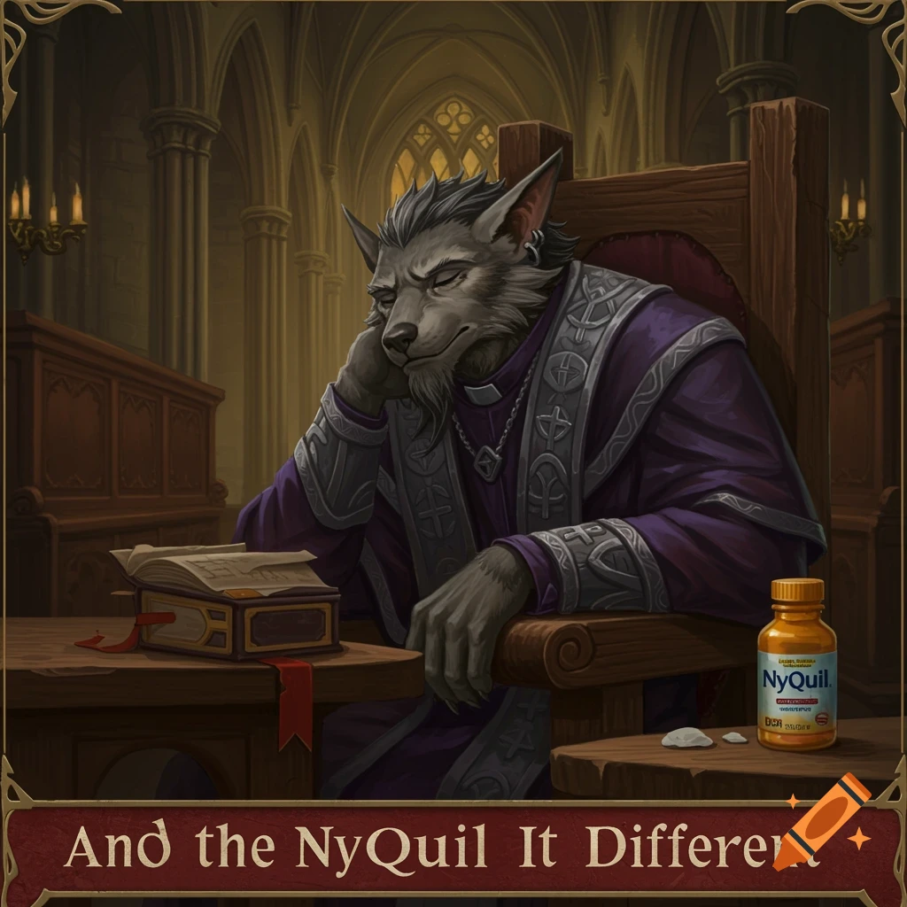 A worgen priest dozing in a gothic cathedral with a bottle of NyQuil.