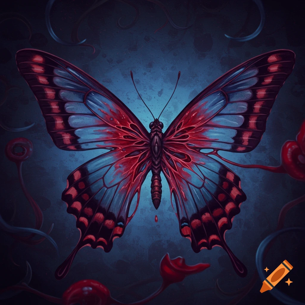 A butterfly with red and blue wings and a wound-like pattern on its back.