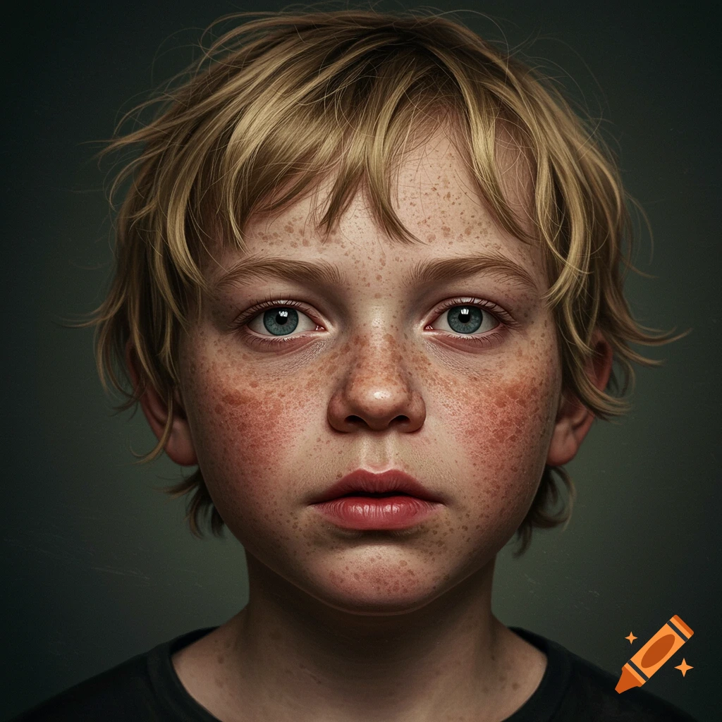 Close-up hyperrealistic portrait of a boy with freckles.