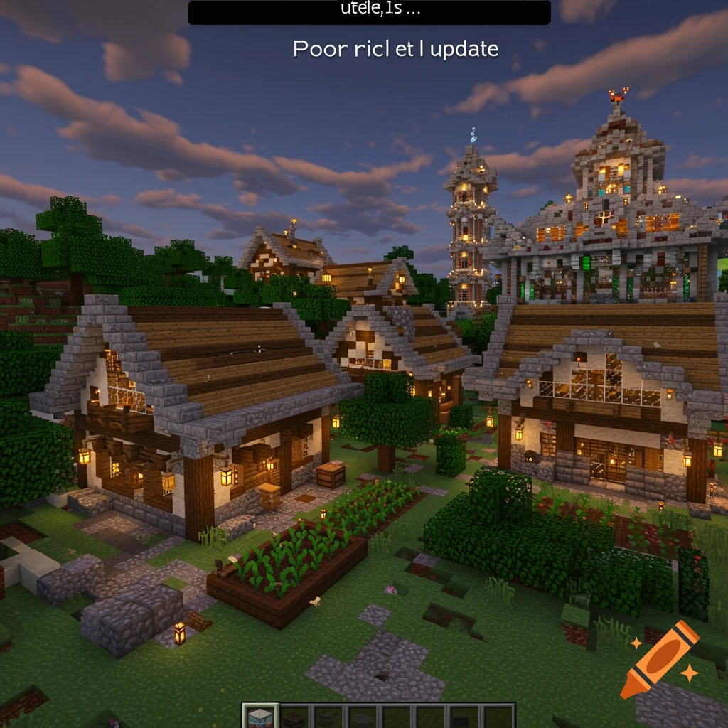 A detailed Minecraft village scene with different styles of buildings under a sunset sky.
