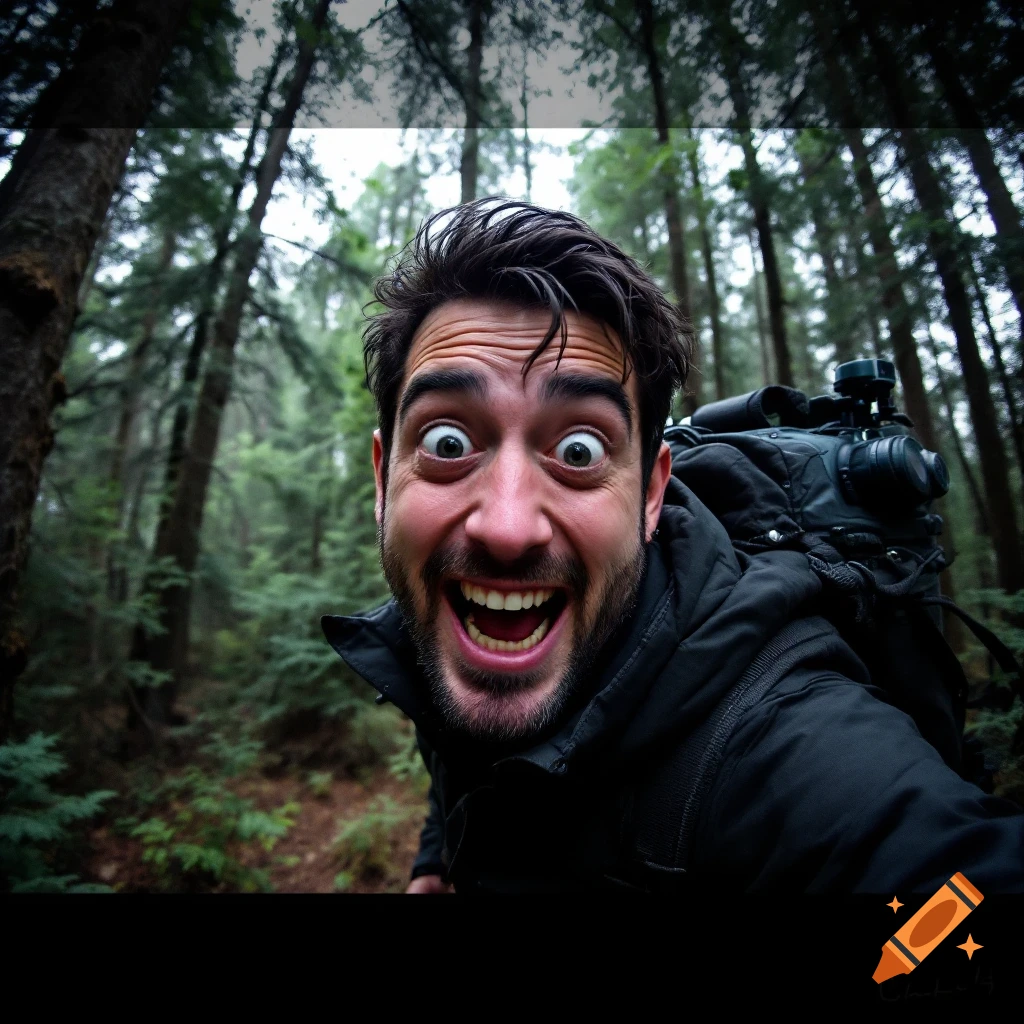 Man with camera backpack taking a wide-angle selfie in a forest.
