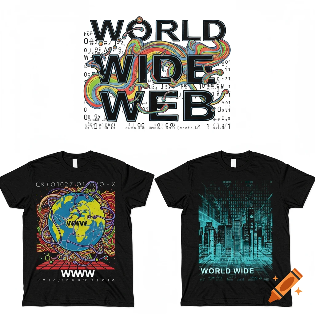 Three black t-shirts with World Wide Web designs, including text, a globe, and a digital city skyline.