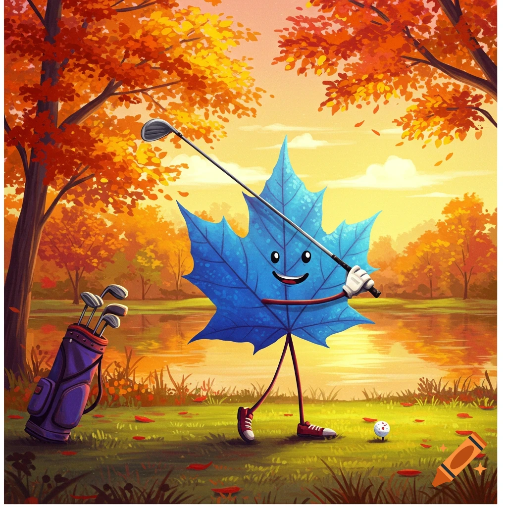 A cartoon blue maple leaf character plays golf in an autumn forest landscape.