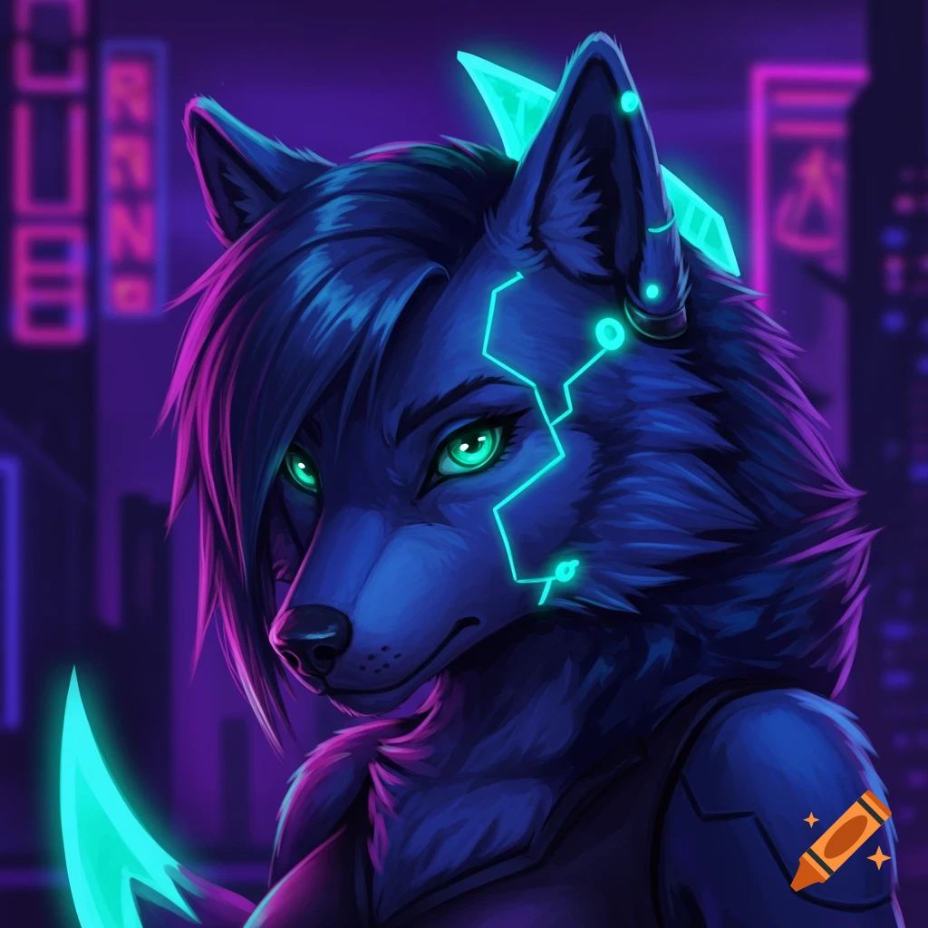 A dark blue cyber wolf with glowing green eyes and neon patterns in a cyberpunk city.