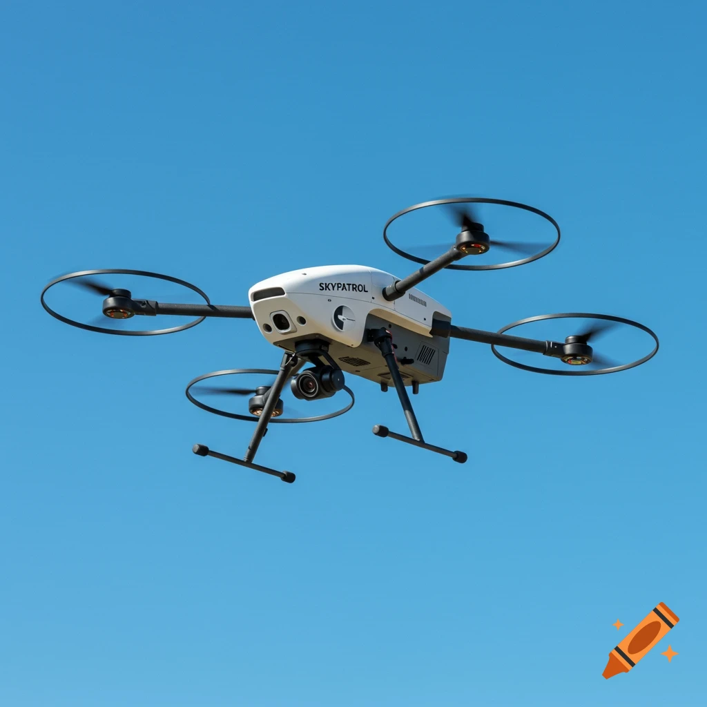 A white and black drone with "SkyPatrol" on its side flies against a clear blue sky.