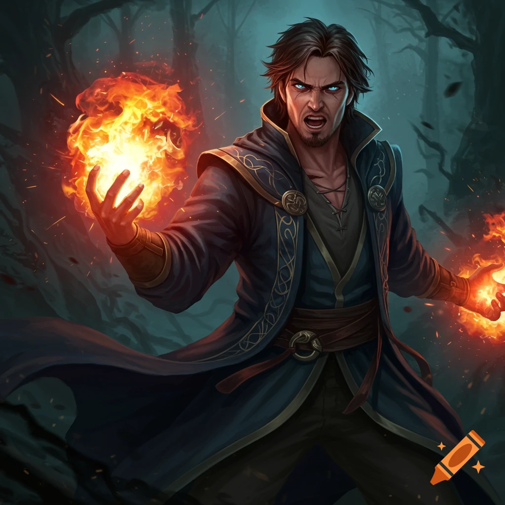 A mage casts fire spells in a dark forest.