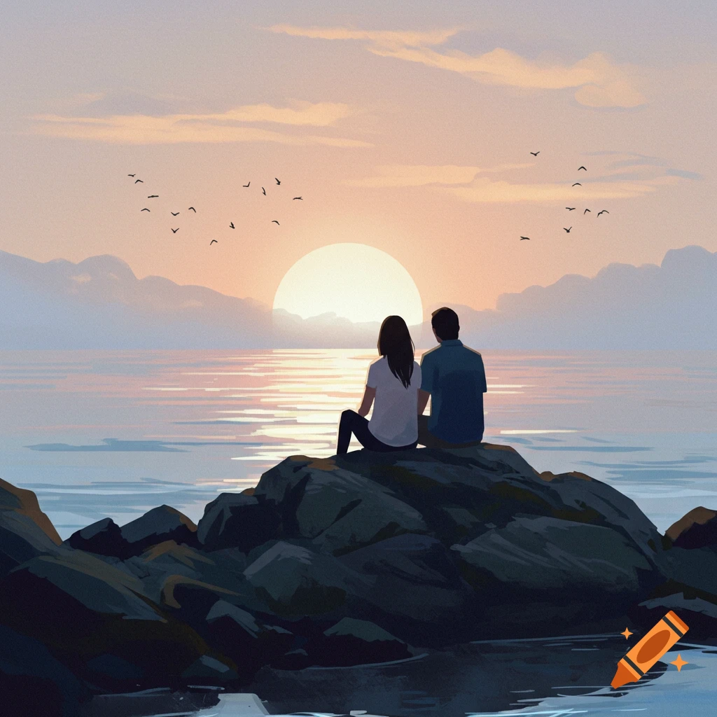 Two people sit on rocks watching a sunrise over the ocean in a minimalist image.