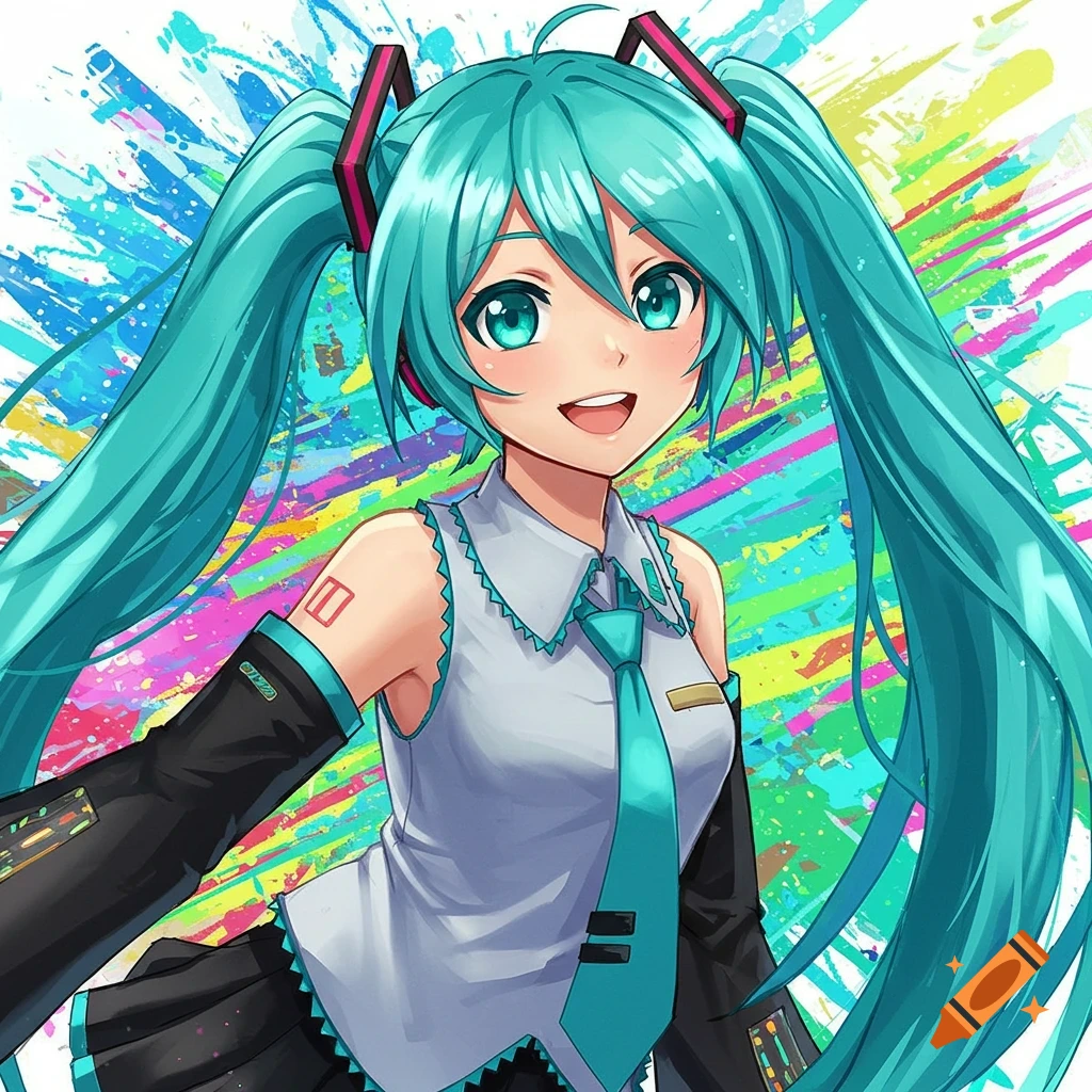 An image of the anime character Miku with turquoise pigtails against a colorful background.